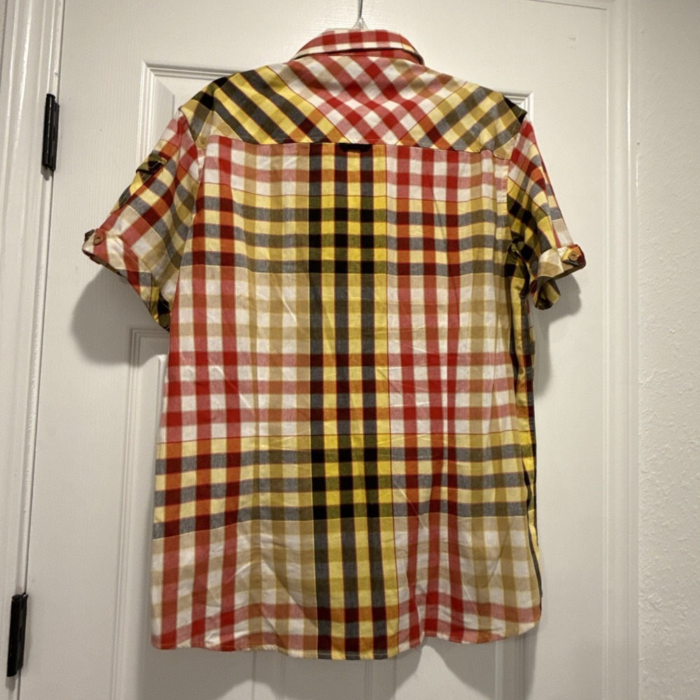 AKOO & Co Trust 80 Short Sleeve Shirt Men's L Button Front Plaid Red & Yellow - Picture 2 of 11
